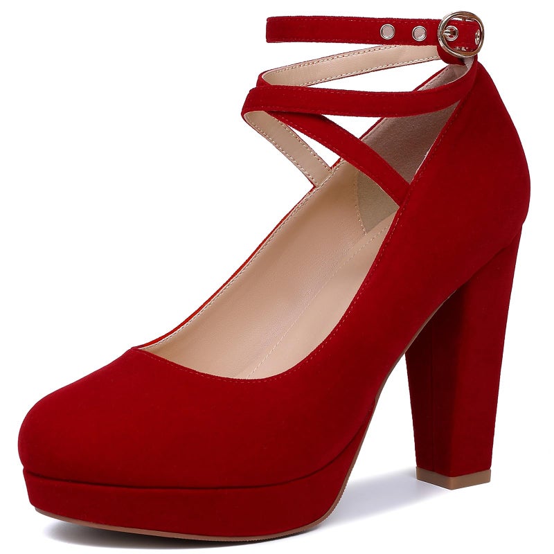 Mostrin Red Chunky High Heels for Women Sexy Closed Toe Platform Pumps with Buckle Strap Mary Jane Dress Shoes for Formal Prom Party Size 8 - Image 1