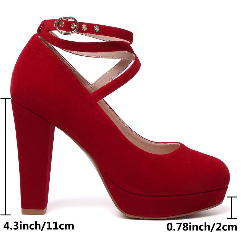 Mostrin Red Chunky High Heels for Women Sexy Closed Toe Platform Pumps with Buckle Strap Mary Jane Dress Shoes for Formal Prom Party Size 8 - Image 4