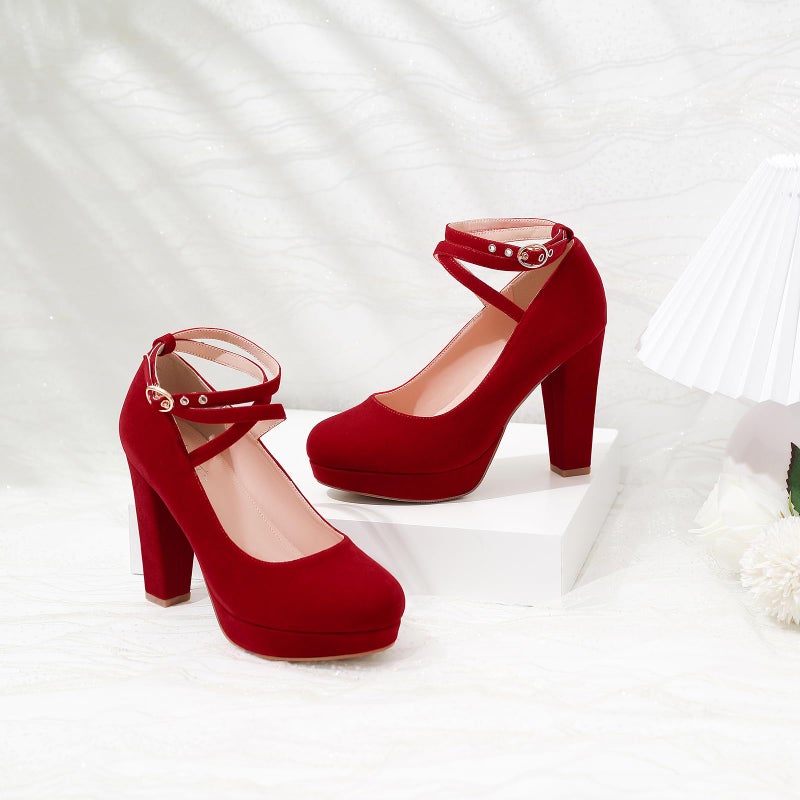Mostrin Red Chunky High Heels for Women Sexy Closed Toe Platform Pumps with Buckle Strap Mary Jane Dress Shoes for Formal Prom Party Size 8 - Image 2