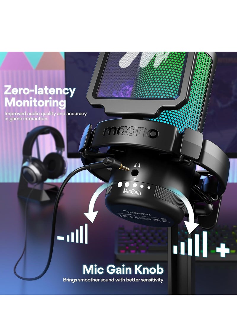 Maono - DGM20 Gaming Microphone for PC with Noise Cancellation USB Condenser Mic for Computer, Mac, Laptop, PS5, RGB Lights, Mute, Gain, Monitoring for Streaming, Podcast, Twitch, YouTube, Discord, GamerWave - Image 1