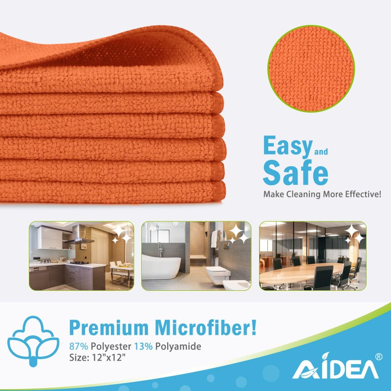 AIDEA Microfiber Cleaning Cloth-12PK, Soft Microfiber Towels for Cars, Absorbent Cleaning Rags, Lint-Free Streak-Free Wash Cloths for House, Kitchen, Window(12in.x12in), Orange - Image 2