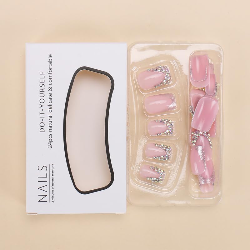 QQPPOLIU Short Press on Nails Square Nails with Rhinestone Design French Tips Cute Nails Press on Fake Nails for Girls(Pink & Silver) - Image 3