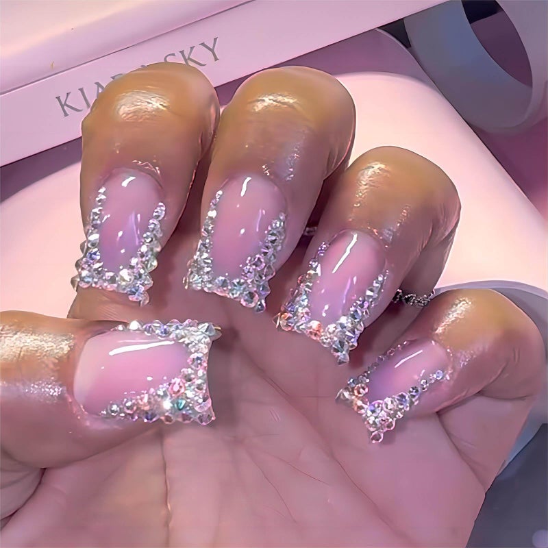 QQPPOLIU Short Press on Nails Square Nails with Rhinestone Design French Tips Cute Nails Press on Fake Nails for Girls(Pink & Silver) - Image 1