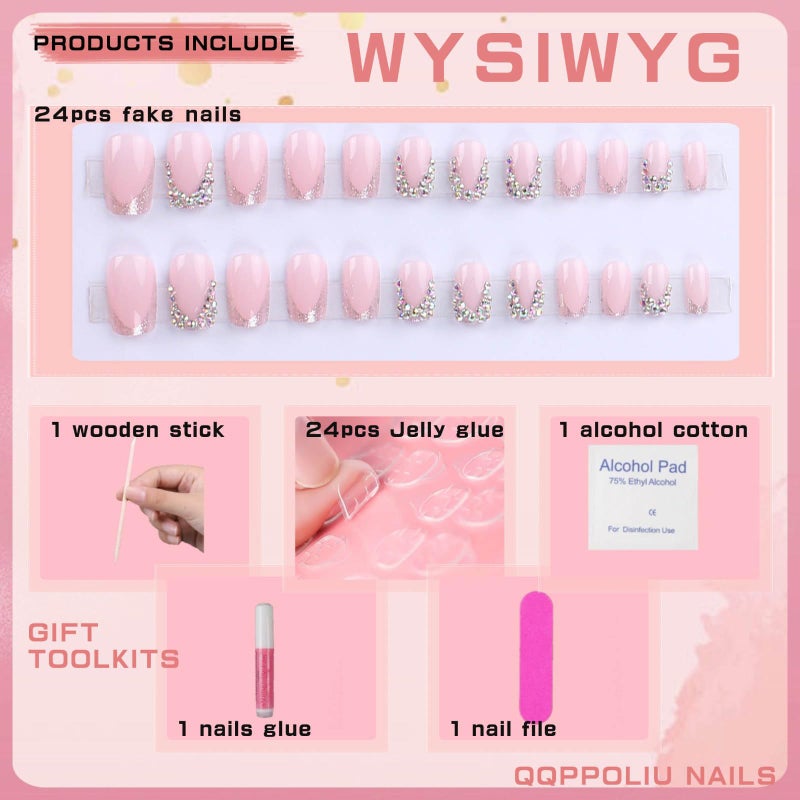 QQPPOLIU Short Press on Nails Square Nails with Rhinestone Design French Tips Cute Nails Press on Fake Nails for Girls(Pink & Silver) - Image 2