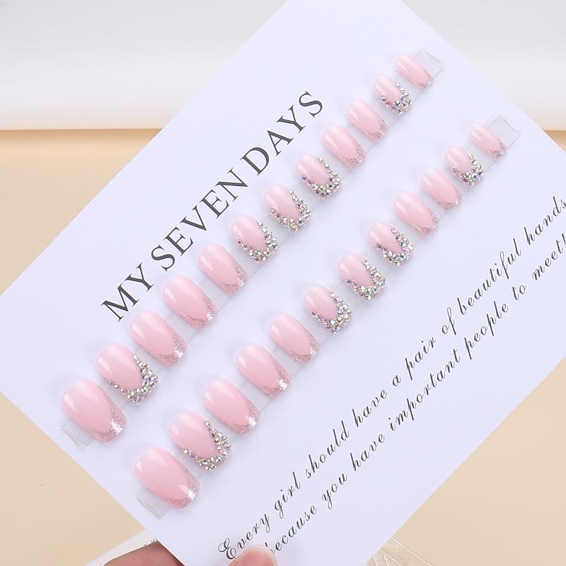 QQPPOLIU Short Press on Nails Square Nails with Rhinestone Design French Tips Cute Nails Press on Fake Nails for Girls(Pink & Silver) - Image 5