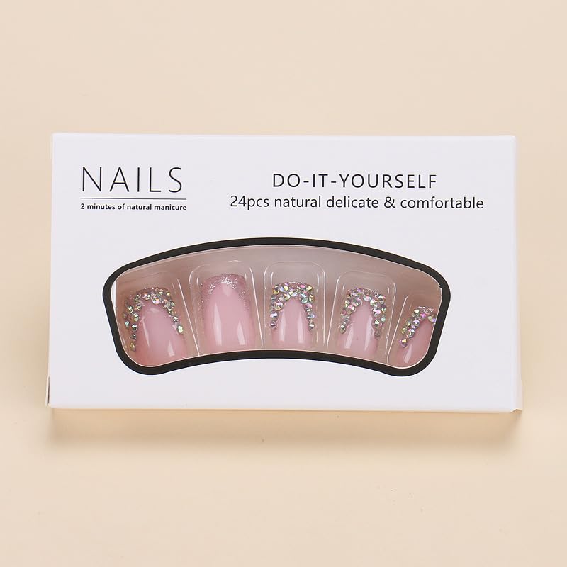 QQPPOLIU Short Press on Nails Square Nails with Rhinestone Design French Tips Cute Nails Press on Fake Nails for Girls(Pink & Silver) - Image 4