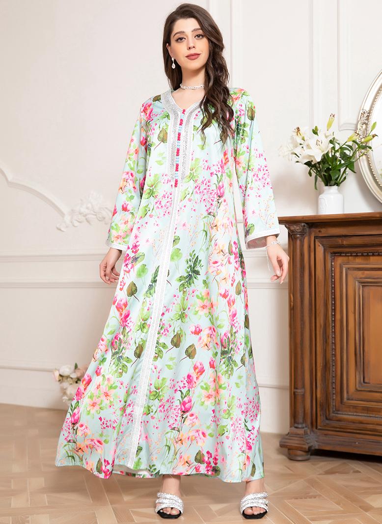 فرايديين انيق طوق على شكل V زهري حجحر الراين الربط الاكمام المتوهجة قفطان ازرق فاتح - Image 1