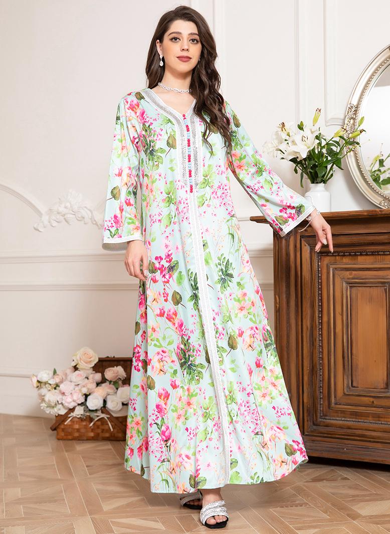 فرايديين انيق طوق على شكل V زهري حجحر الراين الربط الاكمام المتوهجة قفطان ازرق فاتح - Image 4