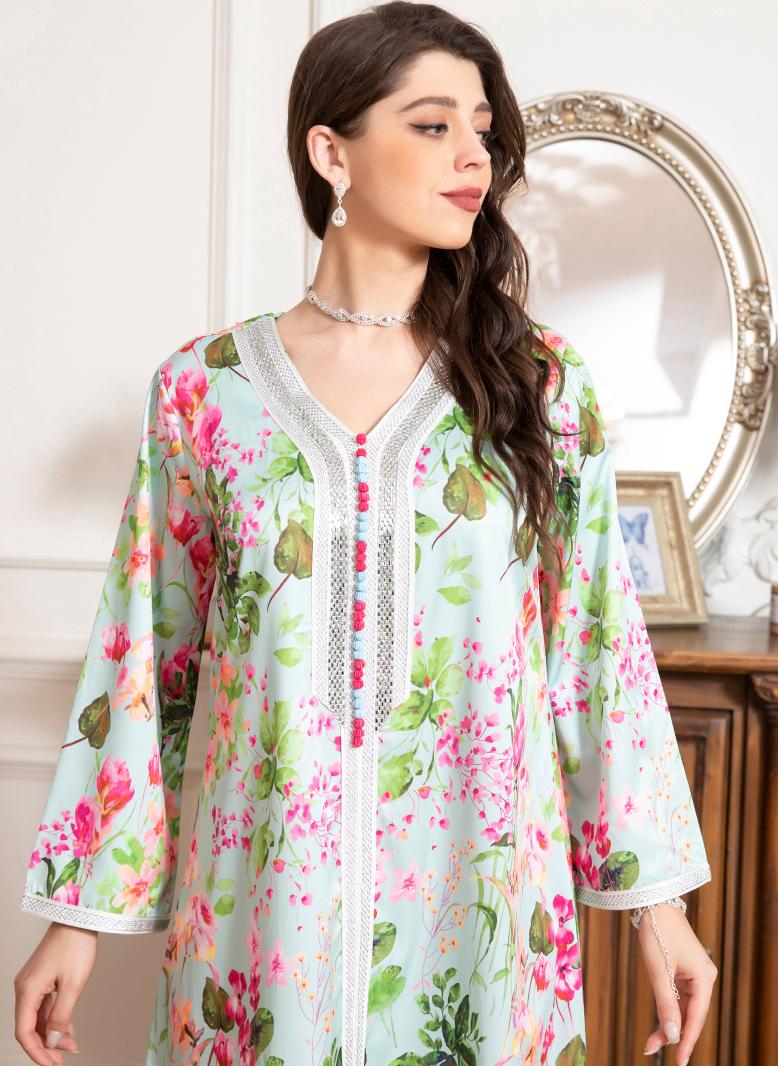 فرايديين انيق طوق على شكل V زهري حجحر الراين الربط الاكمام المتوهجة قفطان ازرق فاتح - Image 3