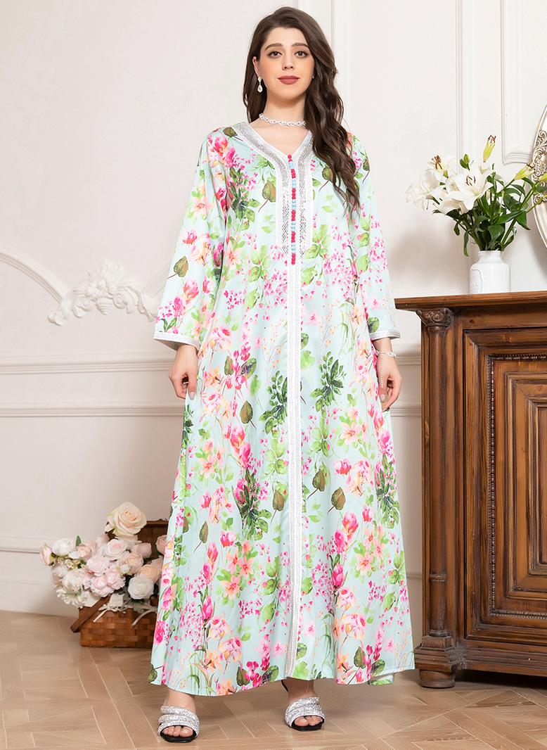 فرايديين انيق طوق على شكل V زهري حجحر الراين الربط الاكمام المتوهجة قفطان ازرق فاتح - Image 5