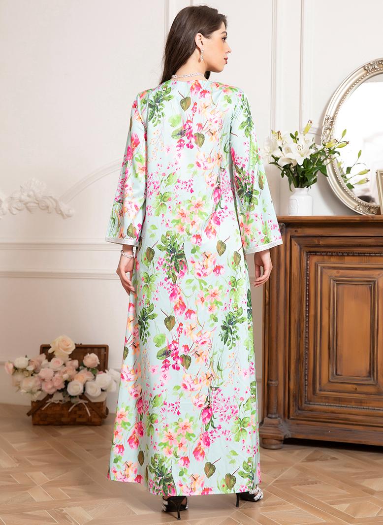 فرايديين انيق طوق على شكل V زهري حجحر الراين الربط الاكمام المتوهجة قفطان ازرق فاتح - Image 2