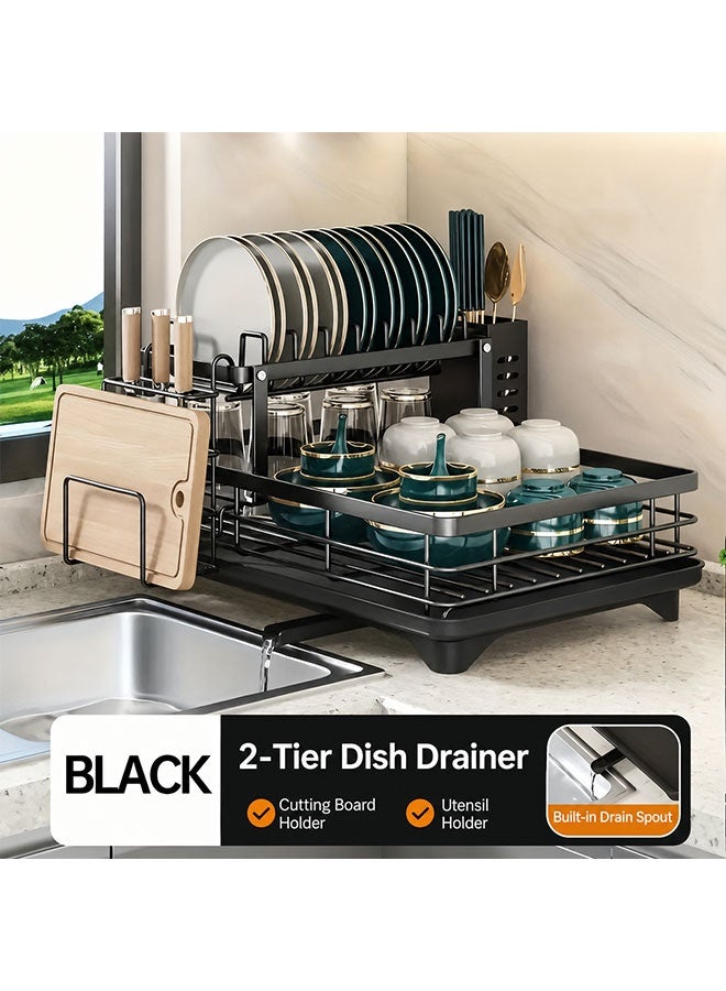 WINEENEE 2 Tier Dish Drying Rack for Kitchen Counter and Sink, Large Capacity Dish Drainer with Drainboard, 360° Rotating Drain Spout, Removable Utensil Holder, Cutting Board Holder and Cup Rack, Black Kitchen Organizer for Plates Bowls Cups - Image 1