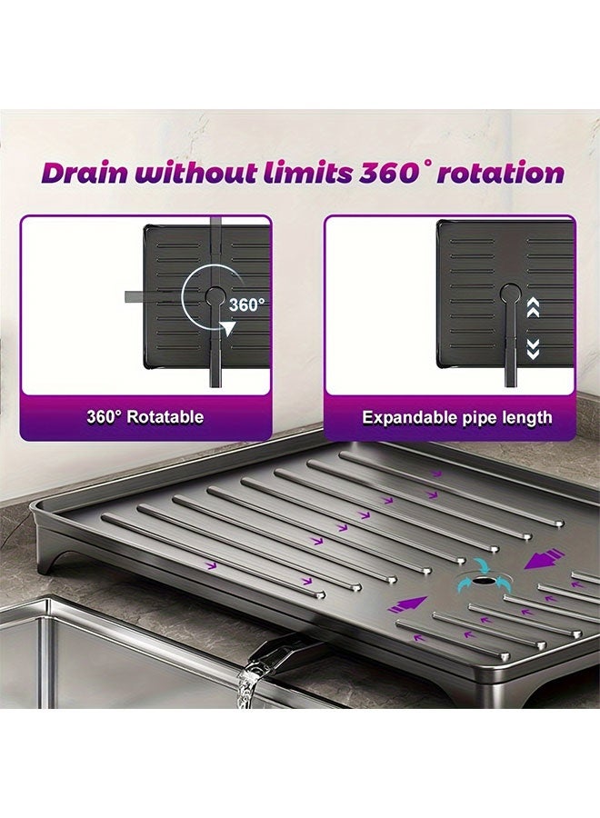 WINEENEE 2 Tier Dish Drying Rack for Kitchen Counter and Sink, Large Capacity Dish Drainer with Drainboard, 360° Rotating Drain Spout, Removable Utensil Holder, Cutting Board Holder and Cup Rack, Black Kitchen Organizer for Plates Bowls Cups - Image 4