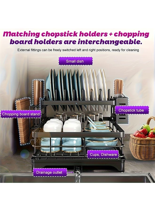 WINEENEE 2 Tier Dish Drying Rack for Kitchen Counter and Sink, Large Capacity Dish Drainer with Drainboard, 360° Rotating Drain Spout, Removable Utensil Holder, Cutting Board Holder and Cup Rack, Black Kitchen Organizer for Plates Bowls Cups - Image 2