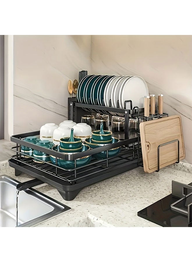 WINEENEE 2 Tier Dish Drying Rack for Kitchen Counter and Sink, Large Capacity Dish Drainer with Drainboard, 360° Rotating Drain Spout, Removable Utensil Holder, Cutting Board Holder and Cup Rack, Black Kitchen Organizer for Plates Bowls Cups - Image 5