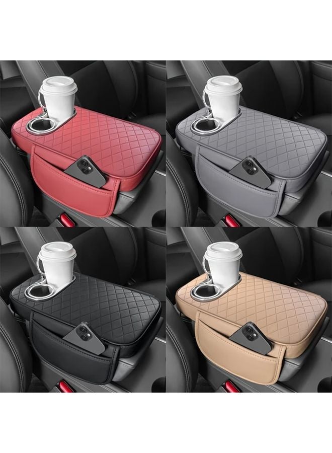 Beige Universal Car Center Console Pad With 2 Side Pockets And 2 Cup Holders - Image 2