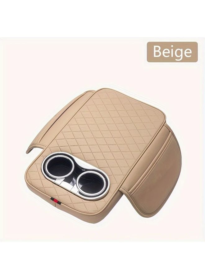 Beige Universal Car Center Console Pad With 2 Side Pockets And 2 Cup Holders - Image 1