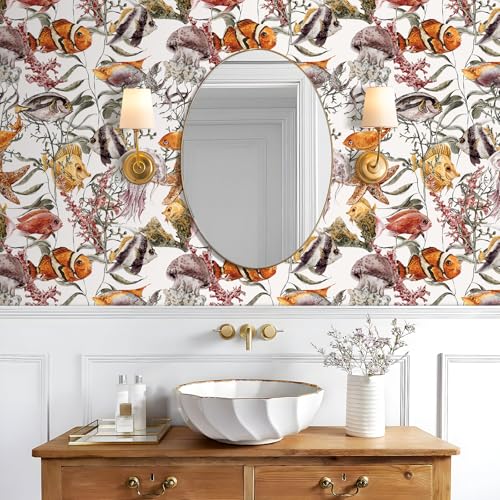 Livelynine 175x276 Tropical Fish Peel and Stick Wallpaper Vinyl Coastal Ocean Fish Wall Paper for Bathroom Waterproof Contact Paper Adhesive Colorful Under the Sea Nursery Mural Wall Coverings Retro - Image 3