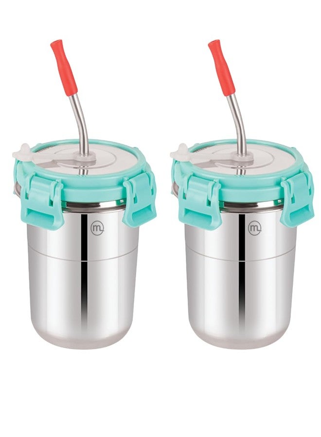 Mishaa 300ml Stainless Steel Tumbler for Kids Set of 2, Stylish Drinkware with Leak-Proof Straw, Secure Lid & Handy Cleaning Brush, Sea Green - Image 1