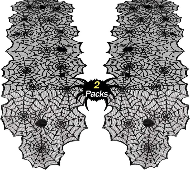 BCOOL Halloween Table Runners Lace 2 Packs Black Spider Web Linens Polyester Gathering Gothic Festival Fabric Decoration 18x72inch - Image 1