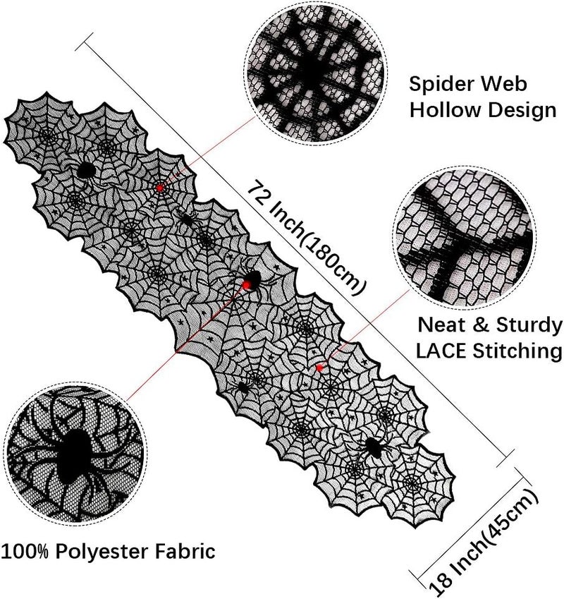 BCOOL Halloween Table Runners Lace 2 Packs Black Spider Web Linens Polyester Gathering Gothic Festival Fabric Decoration 18x72inch - Image 4