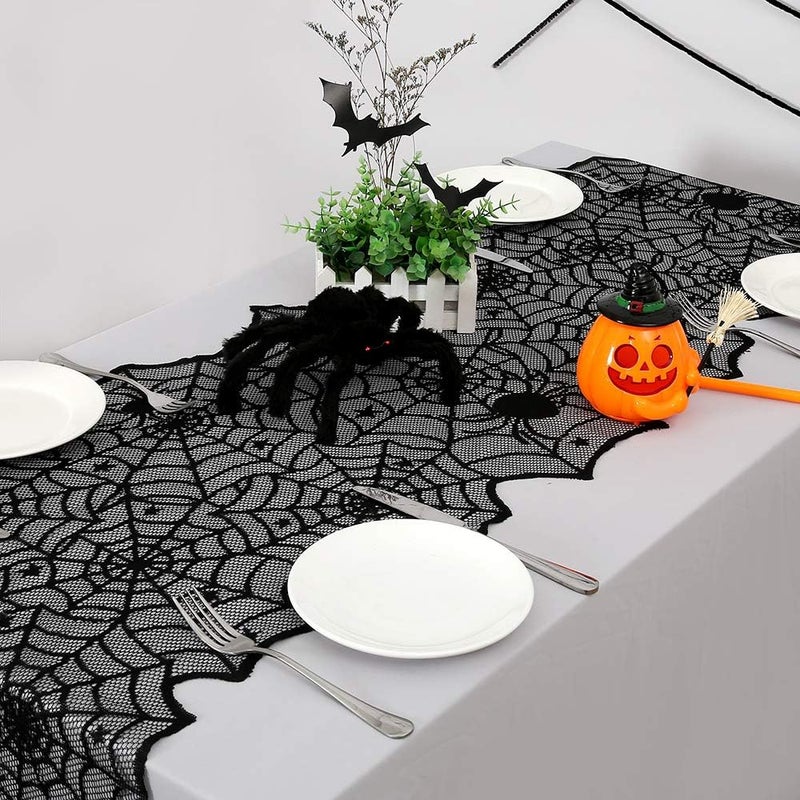 BCOOL Halloween Table Runners Lace 2 Packs Black Spider Web Linens Polyester Gathering Gothic Festival Fabric Decoration 18x72inch - Image 2