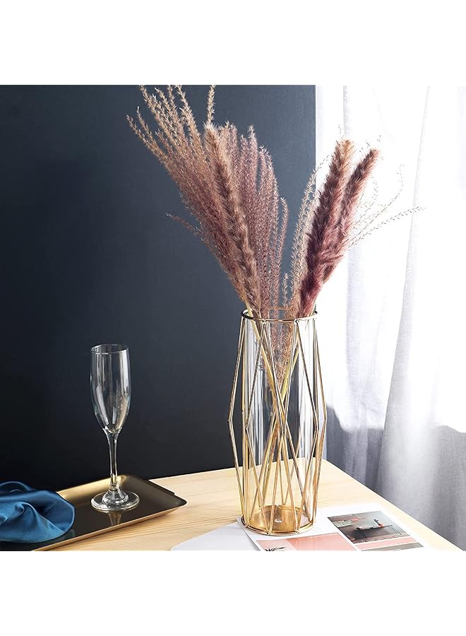 إيروريكس مزهرية زجاجية مع حامل معدني مزهرية داخلية شفافة من الكريستال مطلية بالذهب بإطار معدني هندسي ذهبي ديكور حديث نورديك للمنزل والمكتب وحفلات الزفاف والعطلات والهدايا بارتفاع 28 سم - Image 5