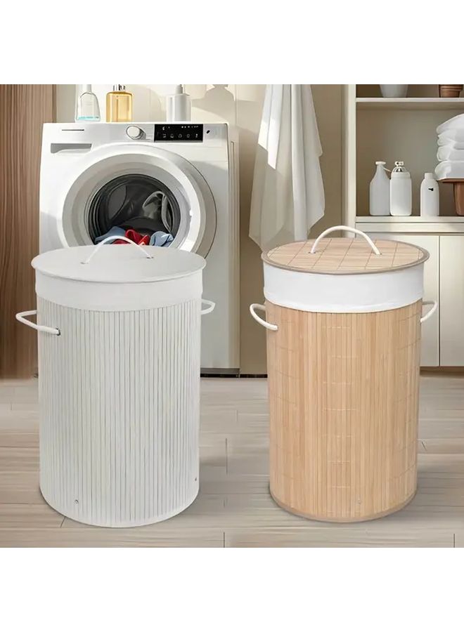 Large Capacity Foldable Bamboo Laundry Basket with Handles and Lid Natural Wood Finish Smooth Texture 45L White Collapsible Design for Bedroom Bathroom Laundry Room - Image 1