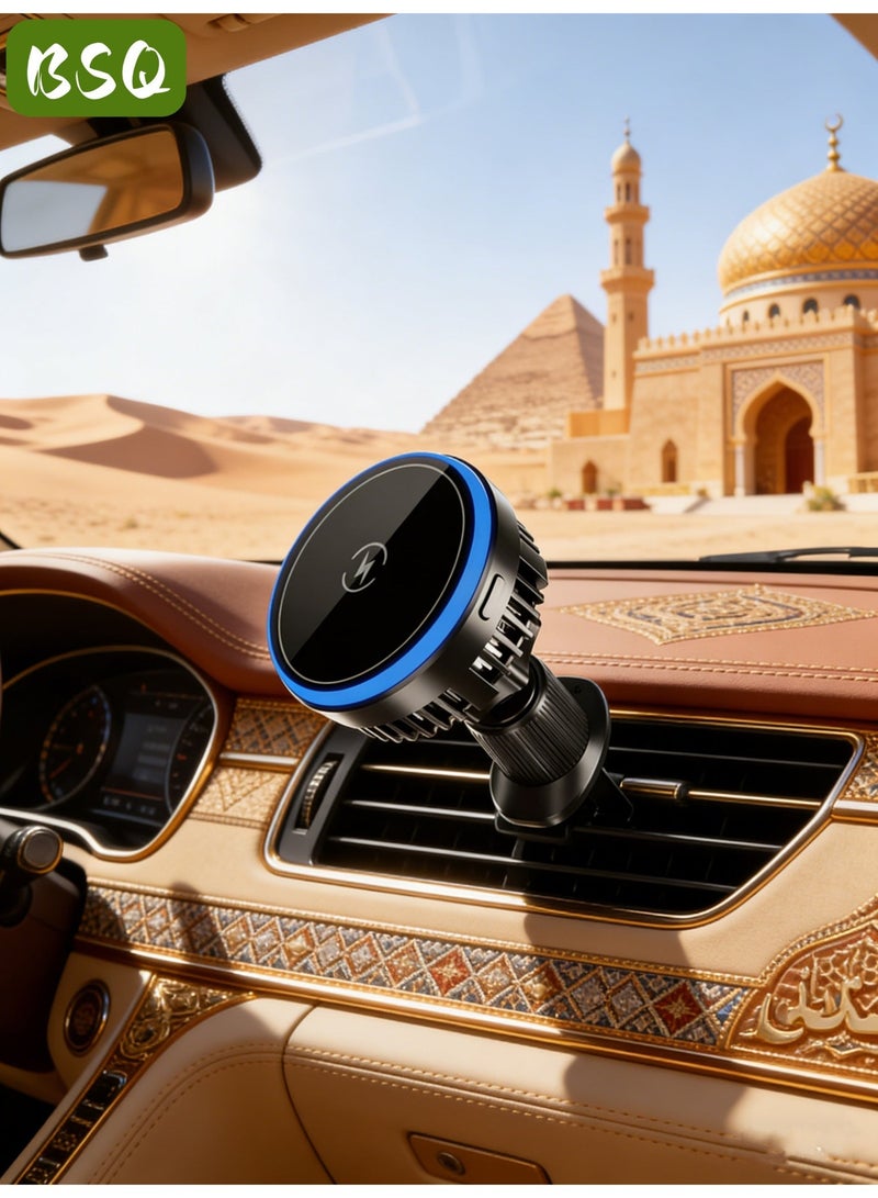 BSQ Wireless car charger | Strong magnetic car phone holder - [RGB LED] 360° wireless car phone holder, can be installed on the air vent or dashboard, hands-free magnetic phone holder - Image 1