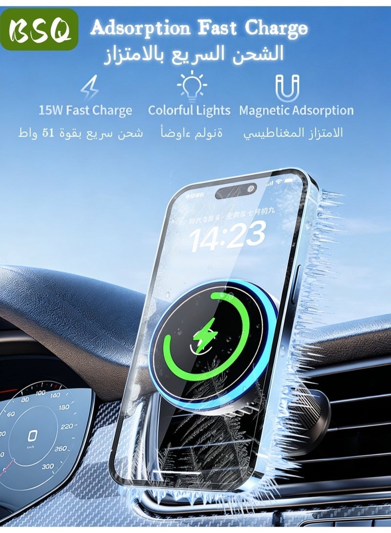 BSQ Wireless car charger | Strong magnetic car phone holder - [RGB LED] 360° wireless car phone holder, can be installed on the air vent or dashboard, hands-free magnetic phone holder - Image 5
