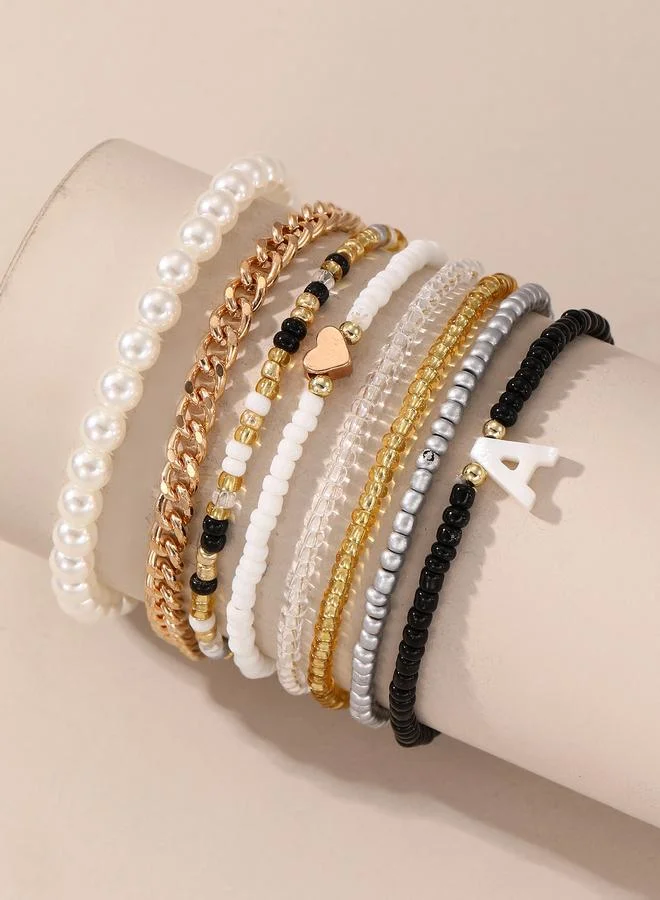 Pack of 8 - Girls Multi-Color Beaded and Pearl Bracelets