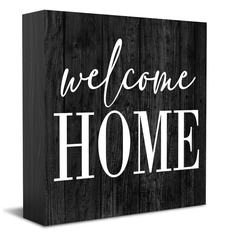 HTBIG Welcome Home Sign Home Decor Desk Decor Wooden Box Sign Rustic Black Wood Block Plaque Box Sign for Women Family Friends Farmhouse Living Room Kitchen Bedroom Shelf Table Decoration - Image 1