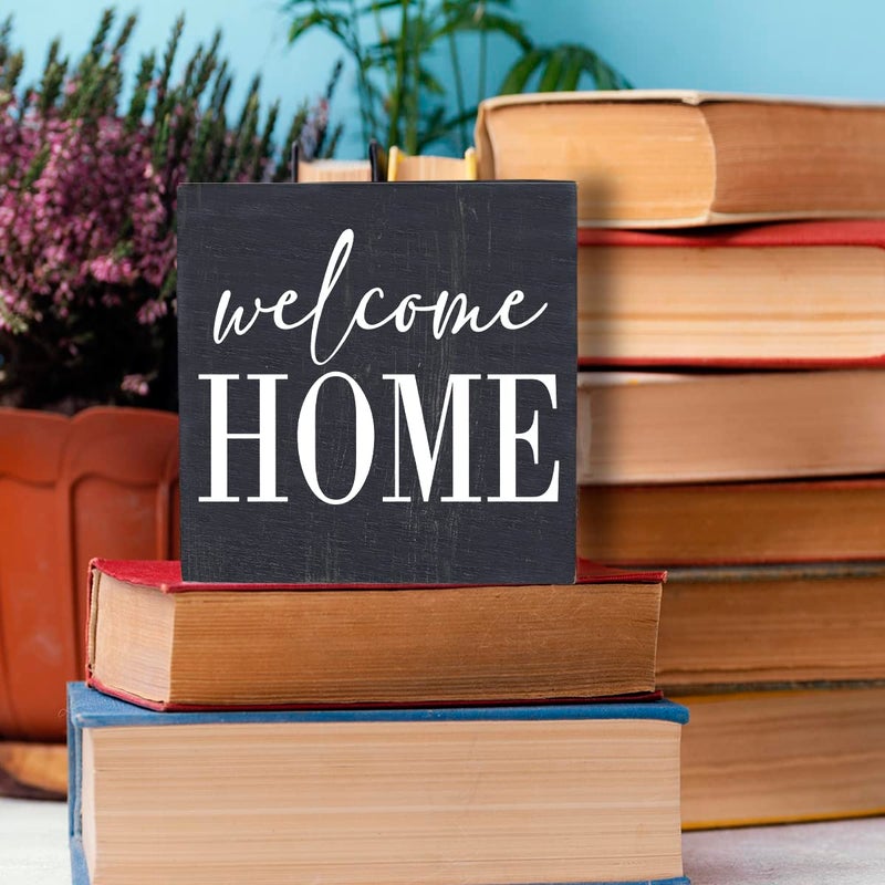 HTBIG Welcome Home Sign Home Decor Desk Decor Wooden Box Sign Rustic Black Wood Block Plaque Box Sign for Women Family Friends Farmhouse Living Room Kitchen Bedroom Shelf Table Decoration - Image 5