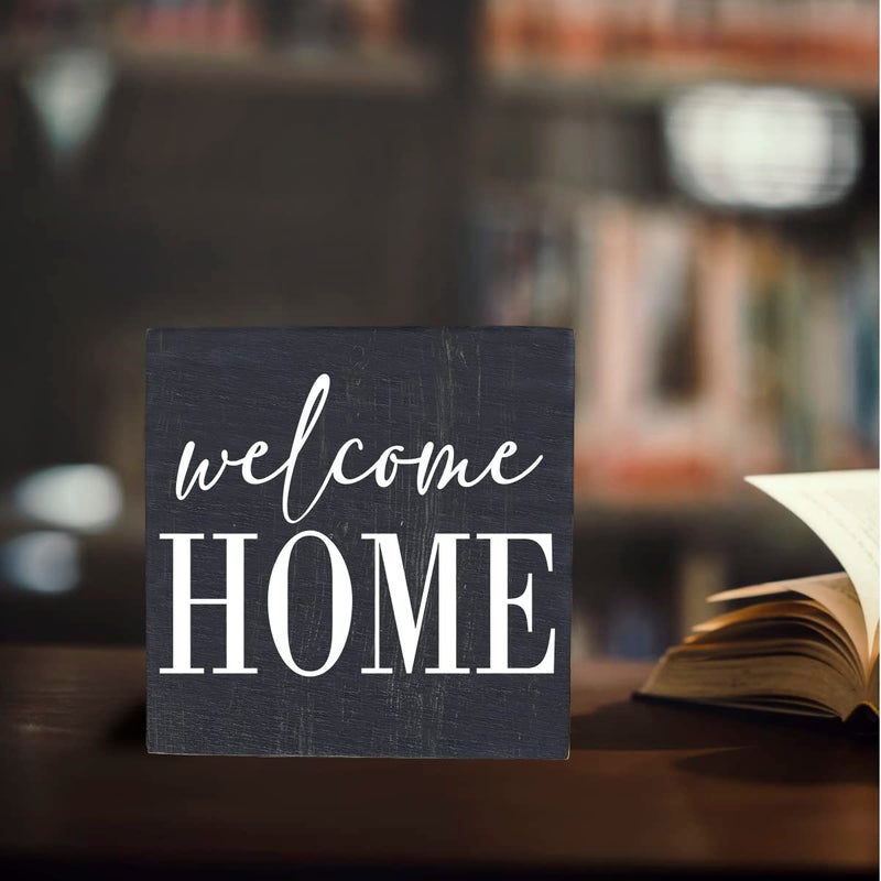 HTBIG Welcome Home Sign Home Decor Desk Decor Wooden Box Sign Rustic Black Wood Block Plaque Box Sign for Women Family Friends Farmhouse Living Room Kitchen Bedroom Shelf Table Decoration - Image 4