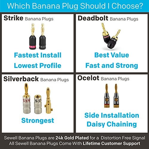 Sewell Silverback Banana Plugs, 24k Gold Dual Screw Lock Speaker Connector, 12 Pairs - Image 2