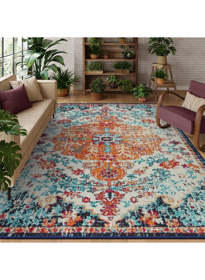 La Home Area Rugs 9x12 Living Room Rug,Large Boho 9 x 12 Area Rugs for Living Room Washable Bedroom Rug,Boho Vintage Soft Non-Slip Printed Indoor Carpet for Dining Room Home Office(9x12ft,Orange) - Image 1