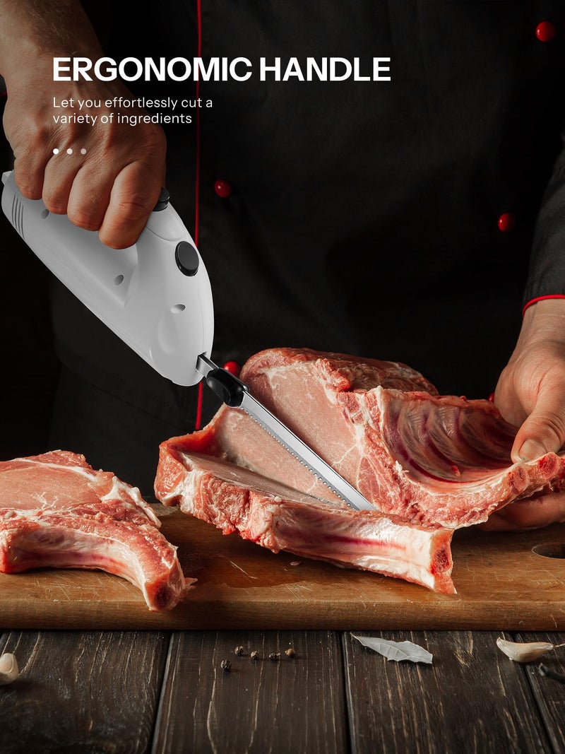 Reemix Electric Knife With Handle, 150W Powerful Electric Knife Set for Carving Meats, Poultry, Bread, Serving Fork and 2 Carving Blades Included (White with Handle) - Image 2