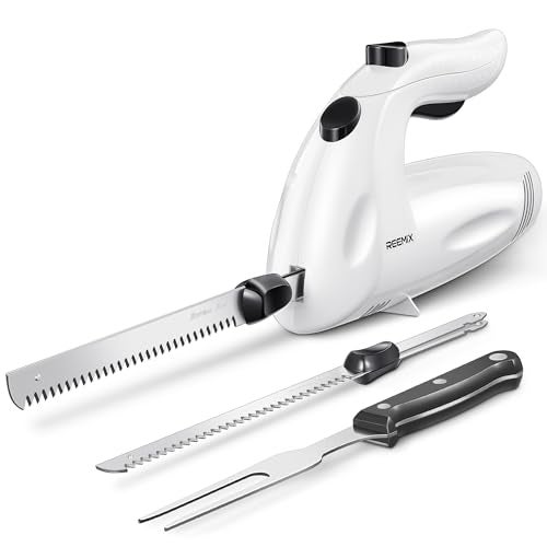 Reemix Electric Knife With Handle, 150W Powerful Electric Knife Set for Carving Meats, Poultry, Bread, Serving Fork and 2 Carving Blades Included (White with Handle) - Image 1