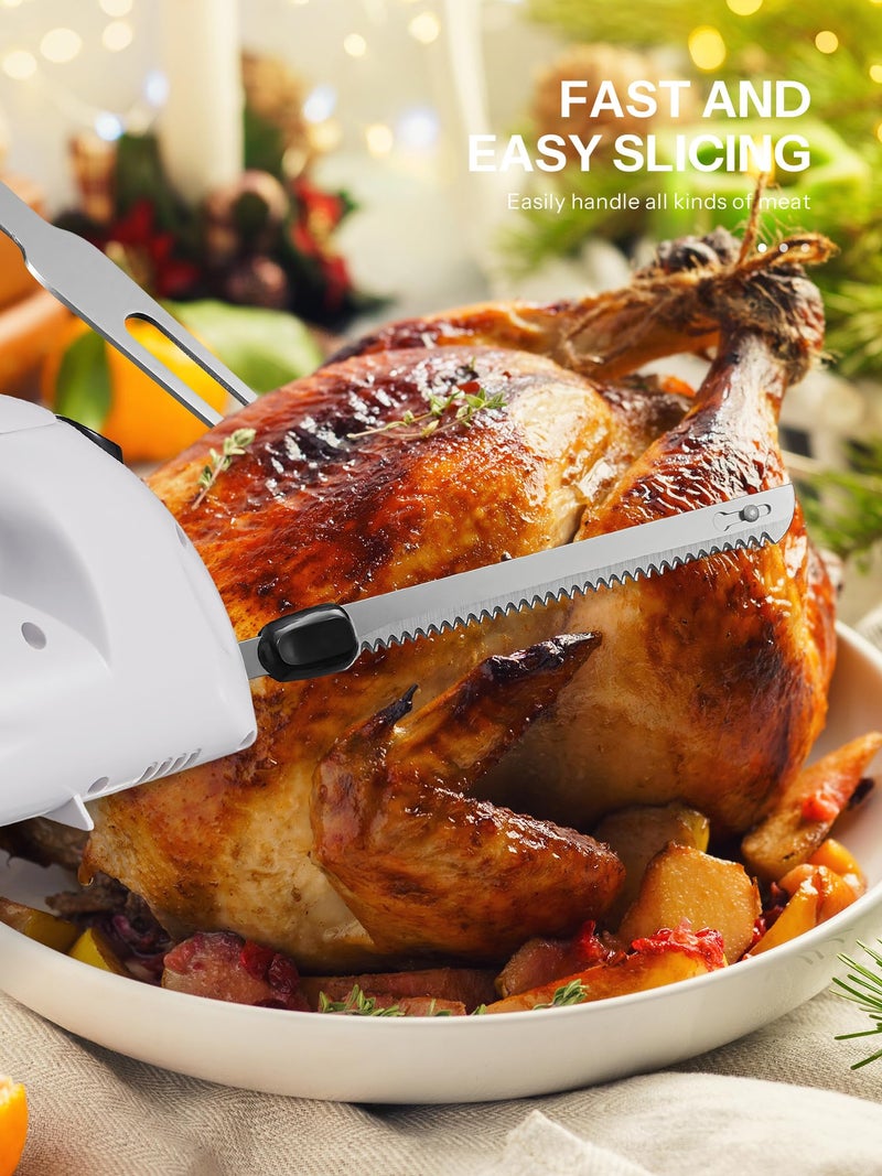 Reemix Electric Knife With Handle, 150W Powerful Electric Knife Set for Carving Meats, Poultry, Bread, Serving Fork and 2 Carving Blades Included (White with Handle) - Image 3