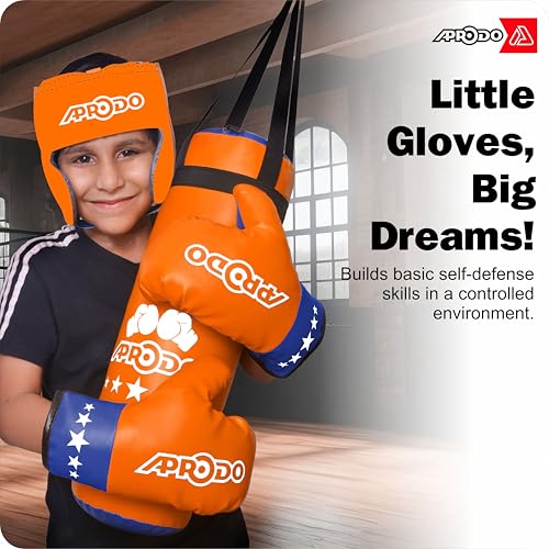 Aprodo Pack of 4 Kids Boxing Kit Set | Punching Bag for Karate | Bounce-Back Martial Arts Bag for Boys & Girls for Age 3 4 5 6 7 8 Years to Relieve Energy and Build Skills (Orange Blue) - Image 4
