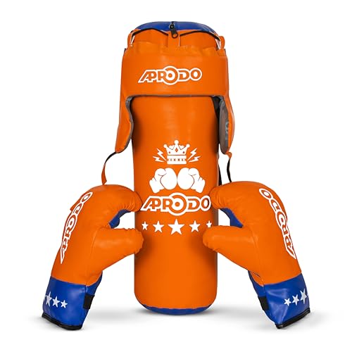 Aprodo Pack of 4 Kids Boxing Kit Set | Punching Bag for Karate | Bounce-Back Martial Arts Bag for Boys & Girls for Age 3 4 5 6 7 8 Years to Relieve Energy and Build Skills (Orange Blue) - Image 1