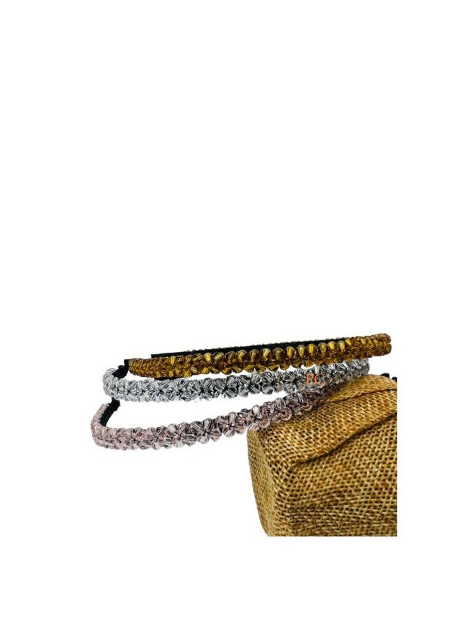 DN Creation Set of 3 Crystal Non Slip Beaded Headbands Bling Rhinestone Hairband Hair Hoop Band for Women & Girls - Assorted Color - Image 2