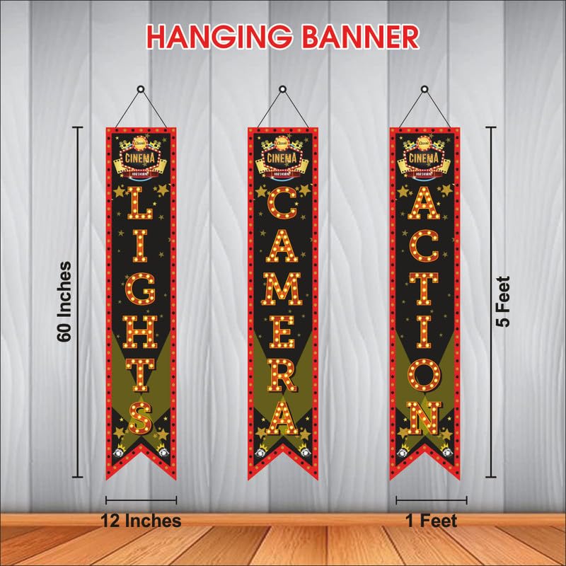 Party Baazaar Bollywood Light Camera Action Porch Sign Banner | Bollywood Backdrop for Movie Party Decorations (Pack of 3, Multi Color, Size: 5x1 Feet) - Image 3