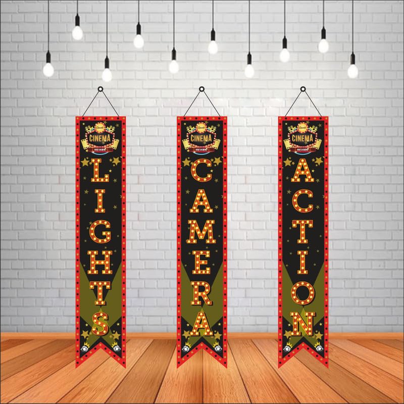 Party Baazaar Bollywood Light Camera Action Porch Sign Banner | Bollywood Backdrop for Movie Party Decorations (Pack of 3, Multi Color, Size: 5x1 Feet) - Image 1