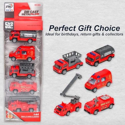 PN AVAN Die Cast Metal Pull Back Toy Vehicles Set, 1:64 Scale, 5 Pieces, Engineering Construction Vehicles Collection (Fire Engine Vehicle) - Image 5