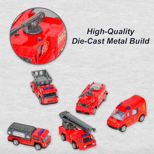 PN AVAN Die Cast Metal Pull Back Toy Vehicles Set, 1:64 Scale, 5 Pieces, Engineering Construction Vehicles Collection (Fire Engine Vehicle) - Image 2