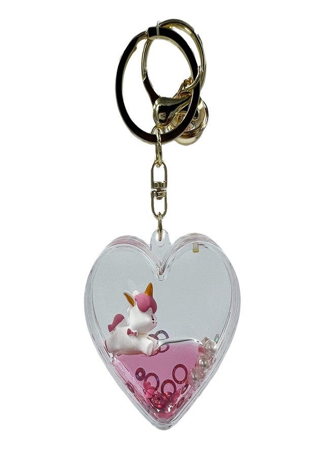 Buko Fashion Lifestyle Heart Shape Unicorn Floating Water Liquid Keychain Keyring Pendant For Bag, Car Key Hanging Cute Cat Charm (PINK) - Image 1