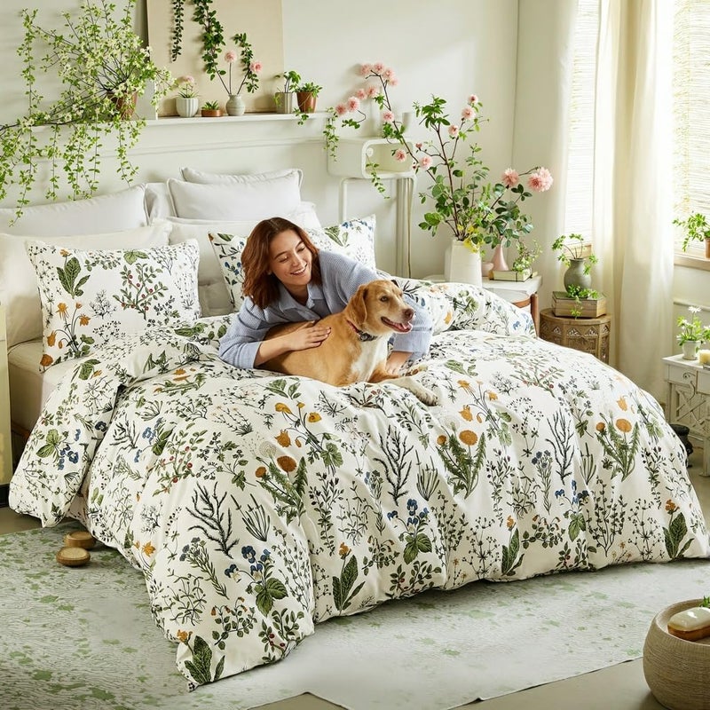 Cozaline Duvet Cover King Size - 100% Cotton Reversible Floral King Duvet Cover Set with Zipper Closure, 3 Pieces Soft & Breathable Green Bedding Set for All Seasons - Image 2