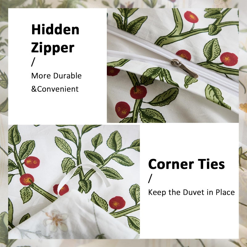 Cozaline Duvet Cover King Size - 100% Cotton Reversible Floral King Duvet Cover Set with Zipper Closure, 3 Pieces Soft & Breathable Green Bedding Set for All Seasons - Image 4