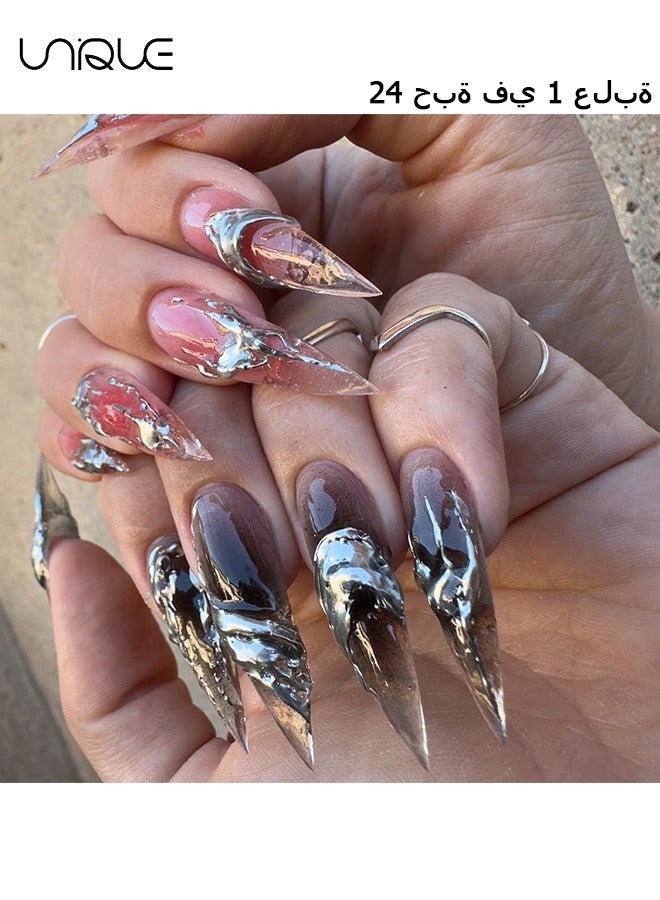 Unique 24 Pcs Fake Nails - Press Nails - Extra-long Pointed Manicure - Black & Red Silver Nail Art - 3D Silver Nail Art - Fake Nail Patch - Image 1